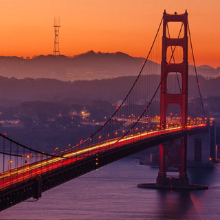 the Golden Gate Bridge at dusk from Battery Spencer, Sutro Tower behind