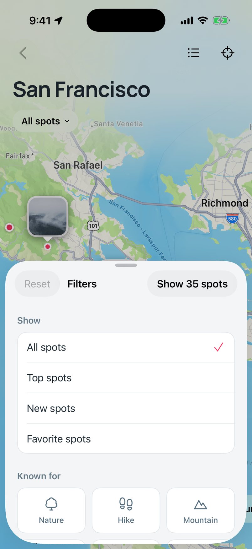 Filters: all spots, top spots, new spots, favorites; known for nature, hike, mountain