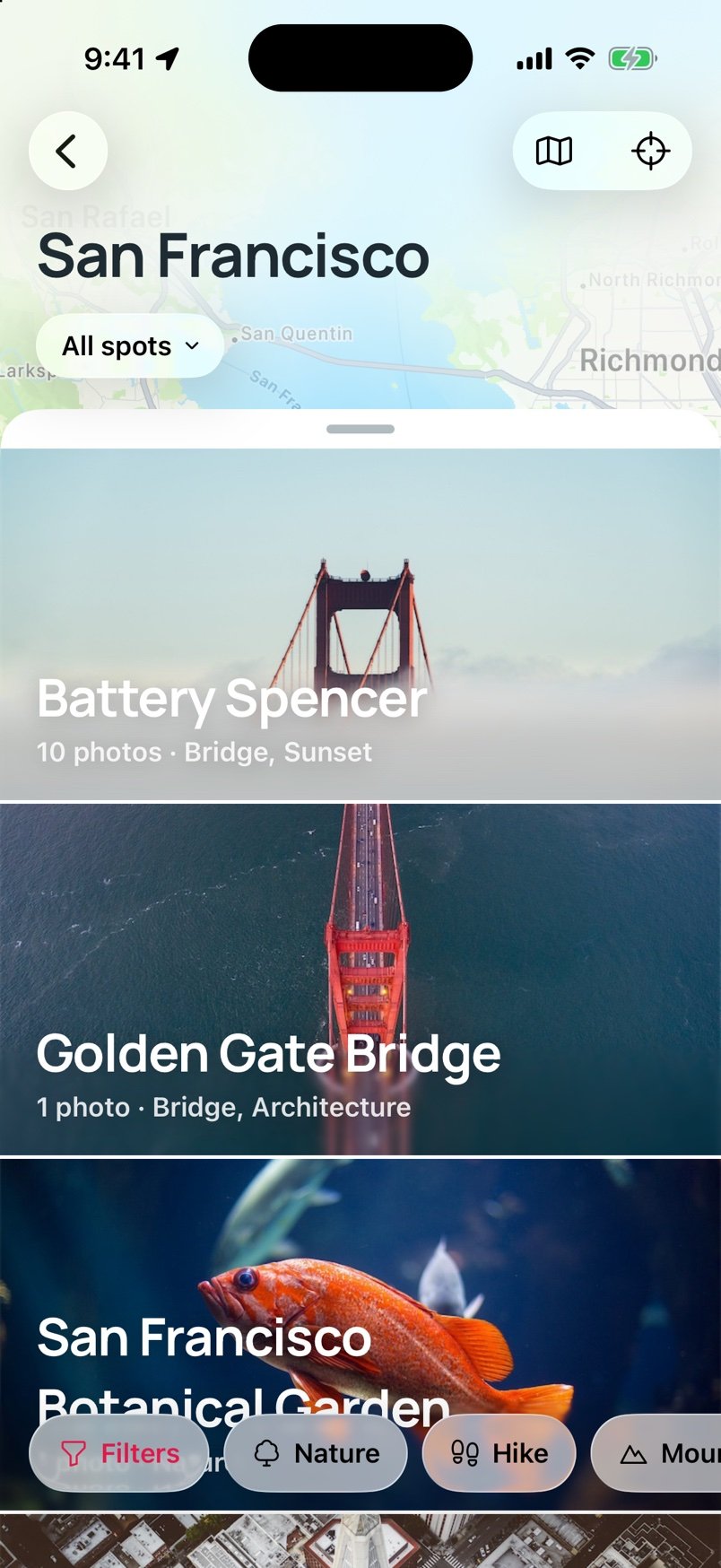 The spots list over the San Francisco map: Battery Spencer, the Golden Gate Bridge and the Botanical Garden, with a grabber at the top to slide it away
