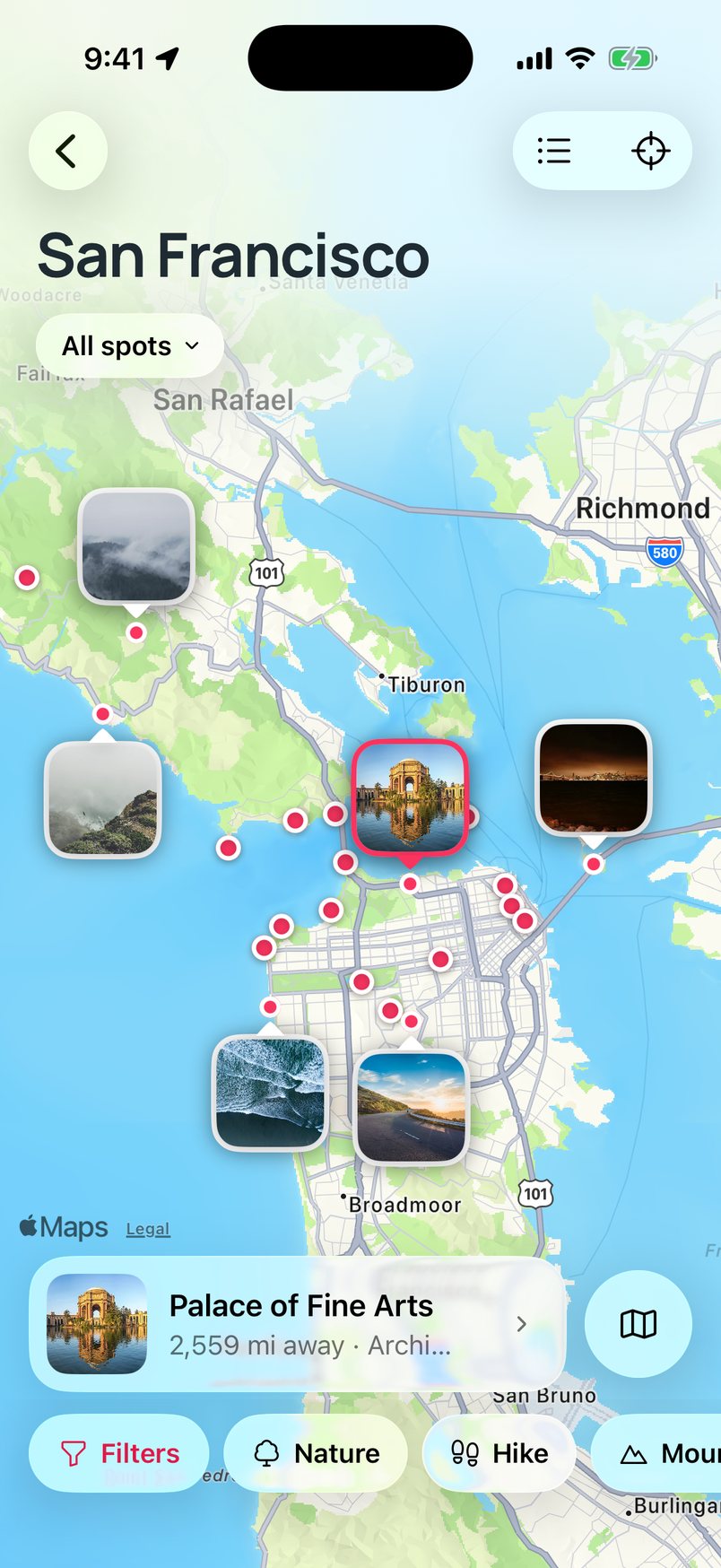 The map with the Palace of Fine Arts selected: its photo card at the bottom with directions