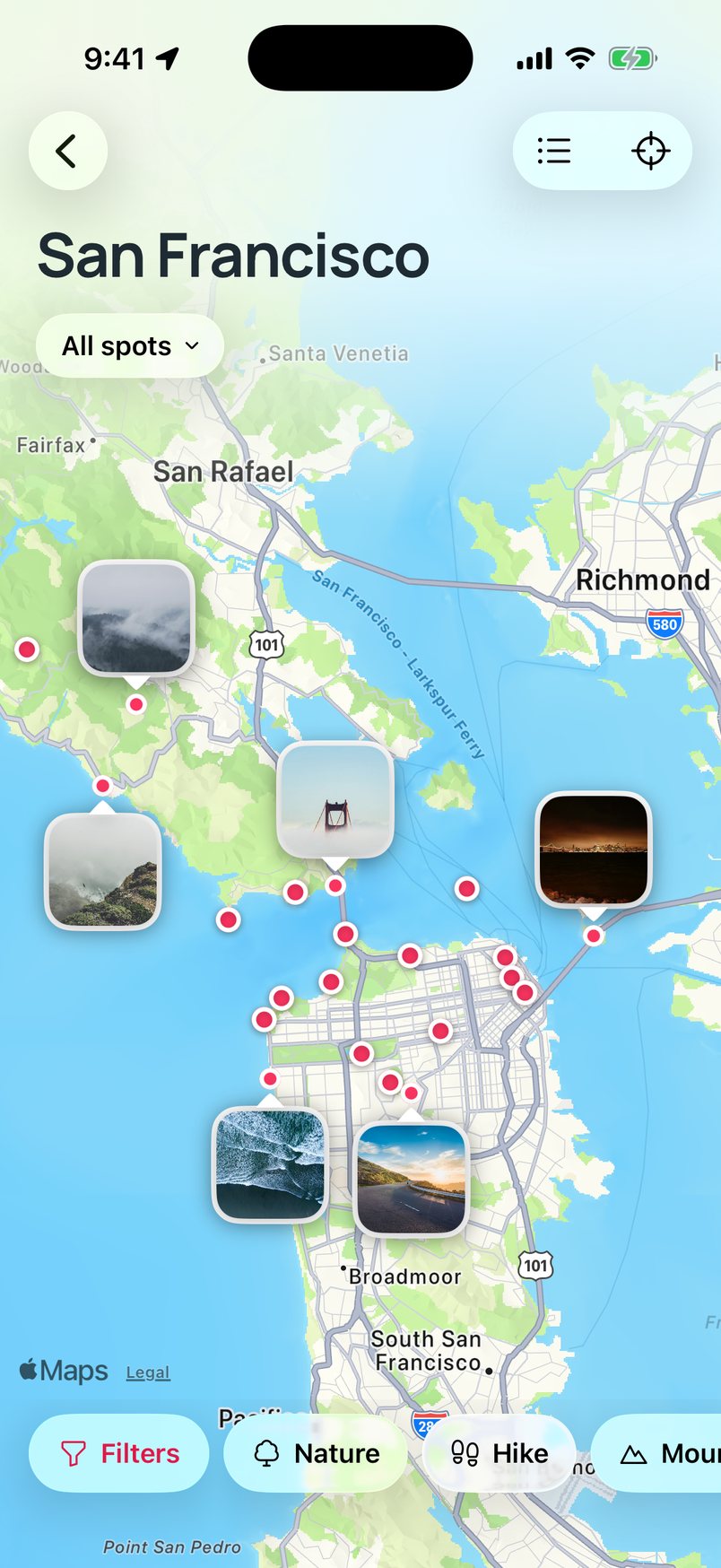 The Viewfinder map of San Francisco: photo pins on the Golden Gate, the Marin Headlands and Ocean Beach, pink dots for every other spot, and filters for Nature, Hike and Mountain