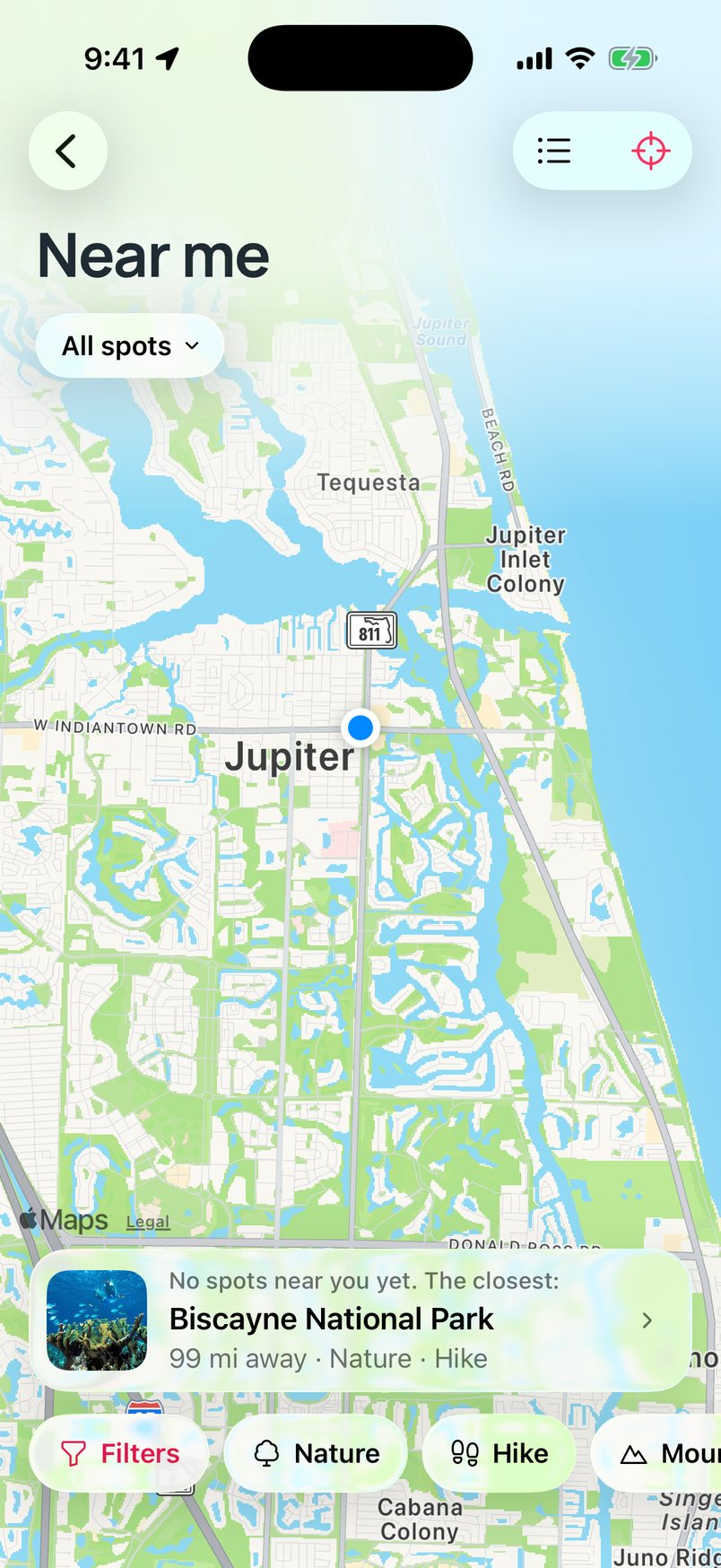 Near me, in Jupiter, Florida: no spots nearby yet, and the closest, Biscayne National Park, 99 miles away
