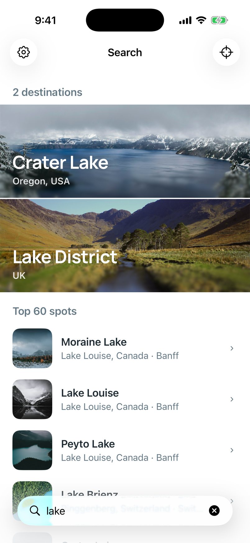 Searching for lake: Crater Lake and the Lake District, then the top spots: Moraine Lake, Lake Louise, Peyto Lake