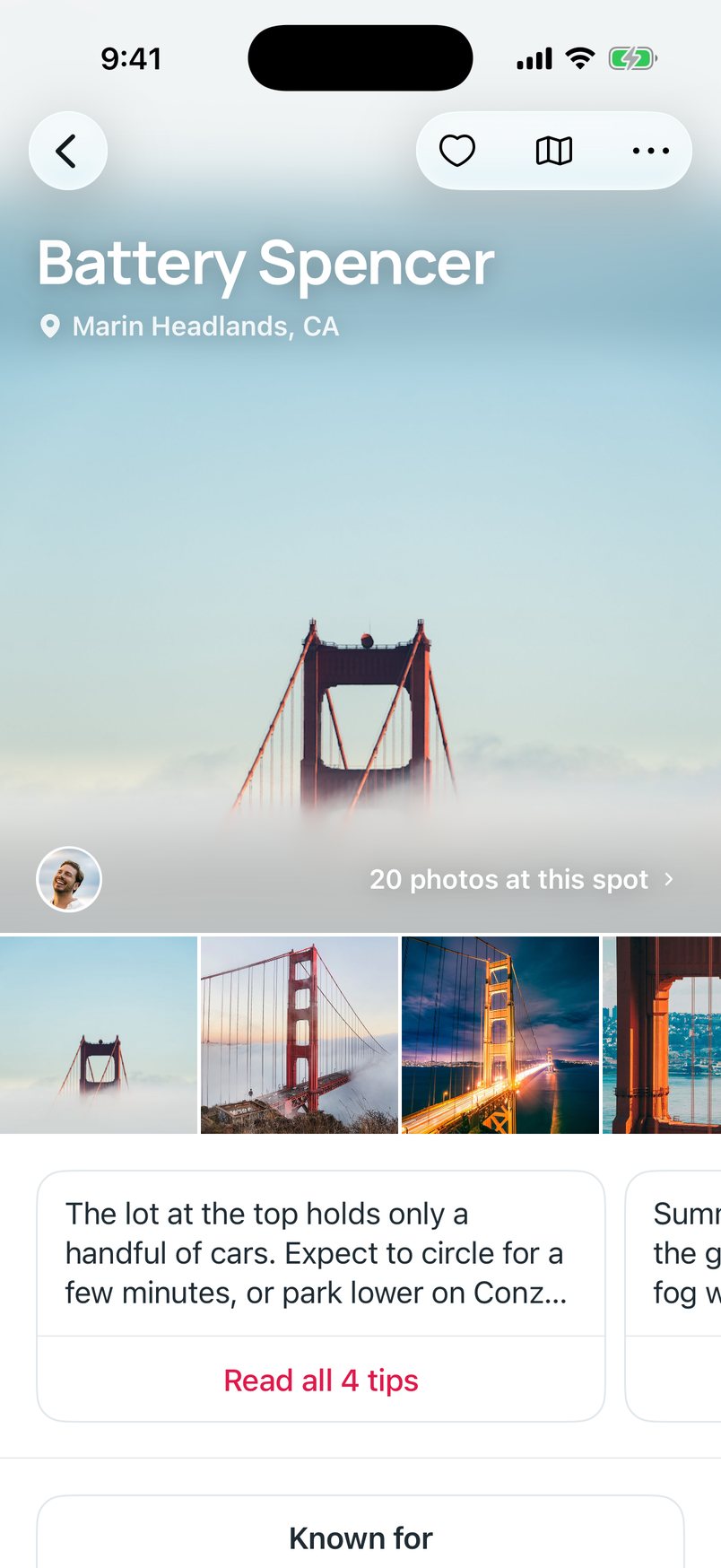 Battery Spencer in the Marin Headlands: the Golden Gate Bridge rising out of the fog, 20 photos at this spot, and the first of four tips