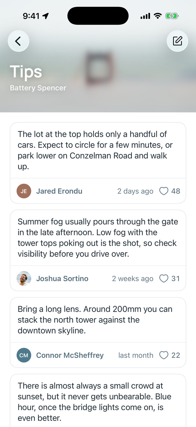 Tips for Battery Spencer from Jared Erondu, Joshua Sortino, Connor McSheffrey and Jeremy Goldberg: the lot at the top holds only a handful of cars; summer fog usually pours through the gate in the late afternoon; bring a long lens